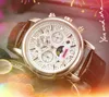 Brottspremie Mens Full Functional Watch Japan Quartz Movement Man Time Clock Watch Läderband Sapphire Glass Moon Star Skeleton Dial Watches Gifts