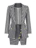 Tvådelad klänning Houndstooth kjol passar kvinnor 2023 Autumn Winter Long Sleeve Double Breasted Blazer Coats Oregelbundna knapp Slitben kjolar