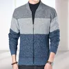 Suéter masculino de inverno, casaco com zíper e carcela, cardigans de malha elegantes com listras de cores contrastantes para o outono