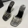 Kapcie 2023 Summer Slides Fashion Pearl Pearl ozdobna impreza kwadratowa pięta przezroczyste wysokie obcasy panie otwartego palca sandały