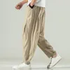 Men's Pants Loose Breathable Linen Straight Tube Bloomers Summer Casual Drawstring Soild Plus Sized Harem Trousers Male