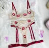 Sexig uppsättning fancy underkläder röda läppar broderier sissy delikat underkläder transparent bh set kvinna 3 stycken sensuell spetsdräkt 230808