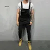 Heren Jeans High Street Zakken Mannen Mode Slim Fit Denim Jumpsuits Modieuze Riem Overalls Casual Jarretel Verontruste Broek