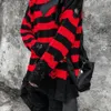 Men's Sweaters Black Red Striped Washed Destroyed Ripped Sweater Men Hole Knit Jumpers Women Oversized Harajuku 230828