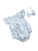 Ensembles de vêtements Barboteuse sans manches à imprimé floral pour bébé fille avec détails à volants et bandeau assorti - Adorable combinaison en coton pour l'été