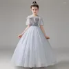 Robes de fille Illusion de fleurs col rond paillettes princesse longueur au sol Tulle dentelle courte argent hors de l'épaule robe de soirée pour enfants H231