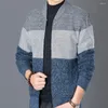 Camisolas masculinas Slim Fit Sweater Casaco Elegante Com Decote Em V Malha Cardigan Contraste Cor Listras Zipper Placket Para Outono Inverno