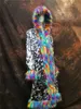 Womens Fur Faux Fashion cute women Colorful fur rainbow Sequined hood Niglub long coat jacket Stage party costumes 230828