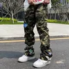 Men S Pants High Street Camouflage Patch broderade jeans Brand American Hip Hop Loose raka Casual Overalls Trendy 230829