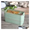 Lunchboxen Thuis 3 Raster Tarwe St Bento Transparant Deksel Voedselcontainer Voor Werk Reizen Draagbare Studentencontainers Lt255 Drop Delivery Dhzae