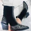 Western Boots Black Women in Studded Embelled Punk Pointed Toe Square Heel Rubber Sole Cool Fashion Biker Shoes Ladies T230829 86