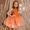 Sukienki dla dziewczynek moda O-Neck błyszcząca tiulowa pomarańczowa sukienka kwiatowa łuk Mini konkurs suknia dziecięca