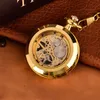 Zegarki kieszonkowe luksusowe złote mechaniczne zegarek kieszonkowy dla mężczyzn przezroczyste tarę złotą skrzynkę łańcucha szarżę wisiorka do kolekcji prezent 230830