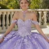 Лаванда милая блестящая бальная платья quinceanera платья бусинки Applique кружев Золушка