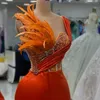 2023 Aso Ebi Arabic Orange Mermaid Prom Dress Beaded Crystals Feather Evening Formal Party Second Reception Birthday Engagement Gowns Dresses Robe De Soiree ZJ29