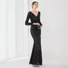 Party Dresses Black Full Sleeves Mermaid Evening Dress V Neck High Split Sequins Long Elastic Formal Gowns For Women Birthday In Stock