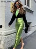 Jupes PU cuir vert jupe fendue pour les femmes taille haute hanche paquet Pathwork moulante maxiskirt sexy femme jupe de bal nouveau en 2023 T230825