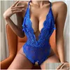 BHs Sets Frauen Spitze Hohl BH Set Y Crotchless Blau Dessous Erotische Kostüme Teddy Baby Puppe Kleid Tief V Offene Porno Unterwäsche Drop D Dhwex