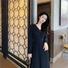 Casual Dresses Pleated V-neck Knitted A-line Sweater Dress Elegant Women Autumn Winter Clothes Long Sleeve Midi Female