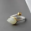 Cluster Rings Authentic 925 Sterling Silver Inlaid Natural White Jade Petal Fashion National Style Women Opening Justerbar ring