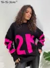 Robes décontractées de base Femmes Lettre Imprimé Tricoté Pull Robe Jacquard À Manches Longues Haut Lâche Dames Pull 2022 Pulls Occasionnels Jumper Streetwear T230825