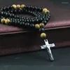 Pendant Necklaces Matte Black And Wood Beads 8mm With Hematite Cross Necklace Rosary Mens Jewelry NSN011