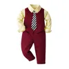 Kleidungssets Gentleman Jungenanzug Set Formal Solides Hemd mit roter Weste Kinder Frühling Herbst Hochwertiges gestreiftes Krawattendesign für 1 2 3 4 5 6 Jahre