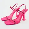 Sandals Pink Shoes Women 2023 Summer High Heels Rhinestone Heeled Sandal Black Square Toe Buckled Sexy Stripter Ladies