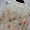 2023 Autumn Beige Floral Embroidery Beaded Tulle Dress Sheer Lantern Sleeve Round Neck Sequins Long Maxi Casual Dresses B3G252132