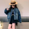 Jackets Girls Denim Jacket For Autumn 2023 Fashion Blue Short Outerwear Teen Kids Clothes Casual Loose School Child Top Coats 5- 14 Year