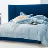 Conjuntos de cama 100s algodão egípcio oco borda larga bordado luxo 4 pcs capa de edredão com folha plana fronha luz azul