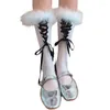 Calcetines de mujer Lolita lindo cruzado hasta la rodilla estilo ballet medias con adornos de piel