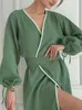 Women's Sleepwear Linad Loose Robes For Women Casual Long Sleeve Sashes Cotton Bathrobe Female Fashion Pajamas 2023 Autumn Nightwear