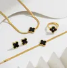 금도금 보석 세트 티타늄 스틸두면 4 잎 클로버 클레프 고리 팔찌 귀걸이 목걸이 4pcs/세트 디자이너 꽃