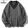 Jfuncy masculino inverno malha suéteres oversized masculino preto pulôver v pescoço jumpers vintage listrado malhas roupas masculinas q230830