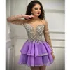 Cristalli di perline viola Ritorno a casa Scollo a V Maniche lunghe Abiti da laurea in organza Abiti da festa sexy eleganti a coda corta 328 328