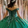 Emerald Green Off The Shoulder Quinceanera Dresses Ball Gown Sleeveless Floral Appliques Lace Handmade Flowers Sweet 15 Party Wear