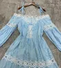 Casual Dresses 2023 Autumn Long Dress High Quality Women Allover Hollow Out Embroidery Sleeve Party Blue White Black Maxi