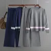 Women's Two Piece Pants HLBCBG 2 Pieces Sets Knitted Tracksuit Turtleneck Sweater And Straight Jogging Suits Winter Loose