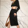 Casual Dresses 2023 Fashion Sexy Long Sleeves Crop Top High Waist Side Slit Skirts Elegant Black Women's Streetwear Two Pieces Sets 28001