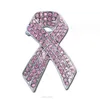 SPILLA A NASTRO PER LA CONSAPEVOLEZZA DEL CANCRO AL SENO DA 2 POLLICI IN ARGENTO RODIATO con CRISTALLI rosa brillante con STRASS