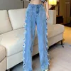 Jeans pour femmes été bleu baggy femmes évider pantalon droit chic surdimensionné denim pantalon déchiré