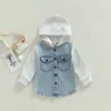 Jackor Focusnorm 0-4Y Kid Boy Autumn Jacket Pälsa Lång ärm Huvfickor Knappar Färg Patchwork Denim Outwear 3 Färger 230830