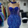 2023 ASO EBI Arabiska kungblå sjöjungfru Prom Dress Crystals Sequined Lace Evening Formal Party Second Reception födelsedagsengagemang klänningar klänningar mantel de soiree zj2