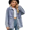 Women's Jackets Casual Loose Oversized Denims Long Sleeved Button Jean Coat Tops With Side Large Pockets Outwear Dropship