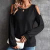 Maglioni da donna Donna Casual Bottone Manica lunga Tinta unita Pullover T-shirt O-Collo con spalle scoperte T-shirt moda Autunno Allentato