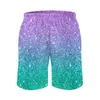 Herren Shorts Board Sommer Lila und Grün Glitzerdruck Laufen Surfen Strand Männer Schnell trocknend Niedliches Design Badehose