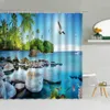 Duschgardiner havssemesterplats duschgardiner Green Plant Seagull Sea Beach Landscape Badrum Dekor Vattentät tyg gardin Set R230830