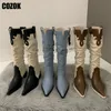 Boots Western Cowboy Boots Ladies Vintage Pointed Toe Denim Winter Women Knee High Boots Long Slip On Pleated Shoes Female 230829