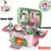 Kitchens Play Food Children's Kitchen Toys Pretend Toy Lighting Spray Discolourations Out of Water Cooking Suitcase Carrying Basket Gift 230830